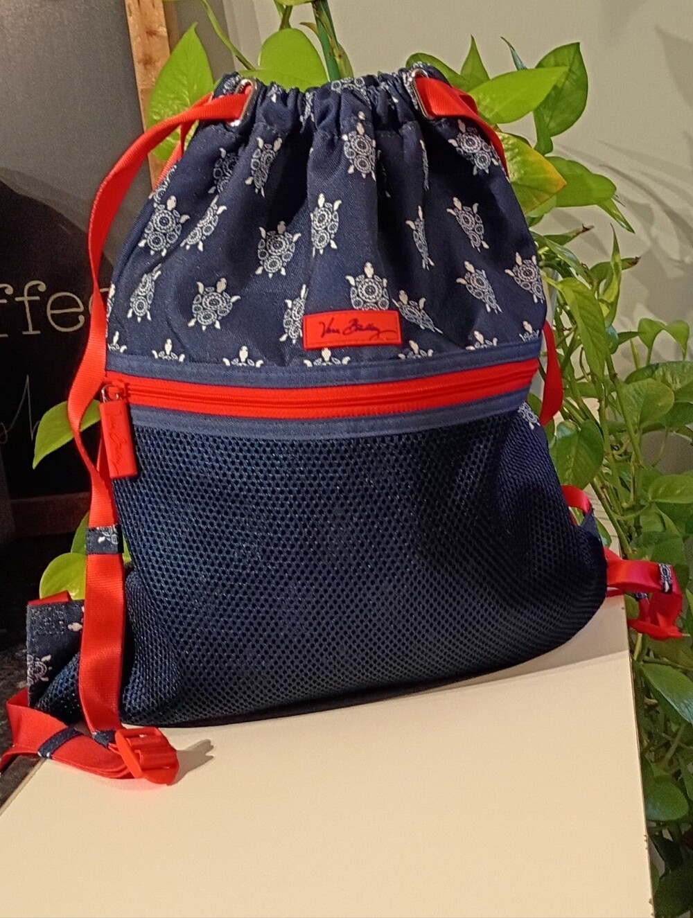 Vera Bradley Navy Drawstring Backpack with Red Trim